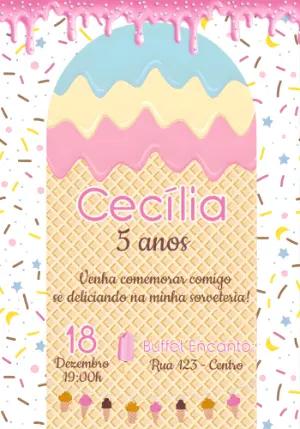 Convite de Aniversário Sorveteria Fofo para Editar