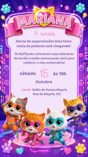 Convite de Aniversário Buffycats Super-Heróis Editável Online