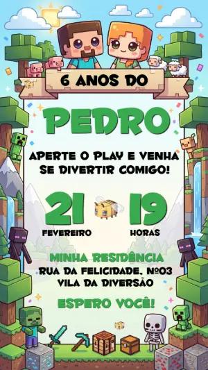 Convite de Aniversário Infantil Minecraft Editável para Enviar