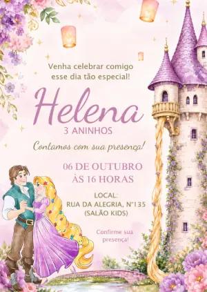 Convite de Aniversário Rapunzel Enrolados Aquarela Editável