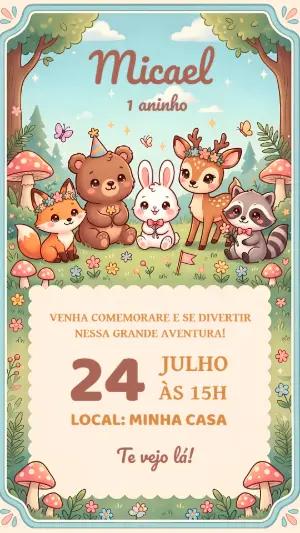 Convite de Aniversário Bosque Encantado Fofo para Editar