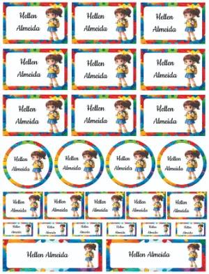 Kit Etiquetas Escolares Quebra-Cabeça Menina Modelo Editável