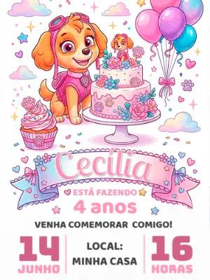 Convite de Aniversário Skye Patrulha Canina Rosa Editável