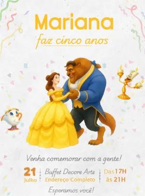 Convite de Aniversário Bela e a Fera Editável para Imprimir