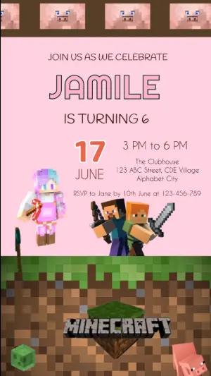 Pink Minecraft Video Invitation for Birthday | Editable Template