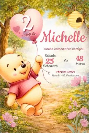 Convite Digital Aniversário Ursinho Pooh Aquarela Editável