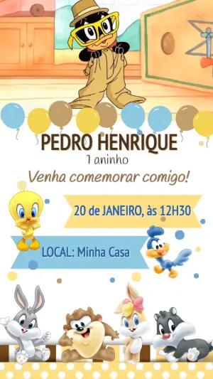 Convite Animado Aniversário Baby Looney Tunes para Editar