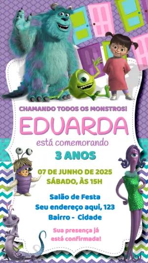 Convite Aniversário Monstros SA com Personagens para Editar