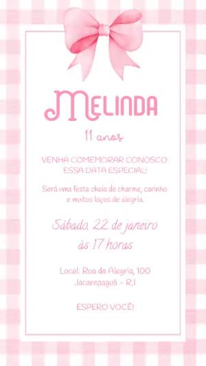 Convite de Aniversário Menina Laço Rosa Xadrez Editável