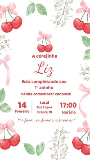 Convite de Aniversário Tema Cerejinha Aquarela para Editar