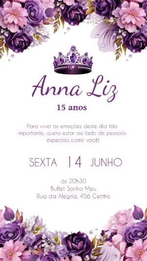 Convite de 15 Anos Roxo Floral Elegante para Editar