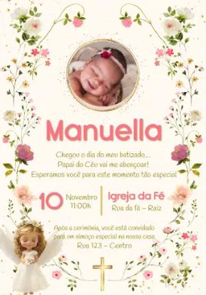 Convite de Batizado Anjinho Rosa com Foto para Editar Online