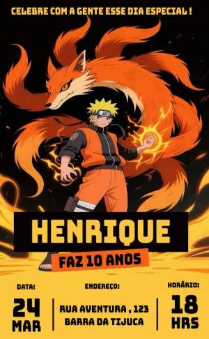 Convite de Aniversário Naruto Laranja e Preto para Editar