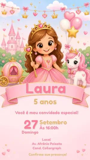 Convite de Aniversário Princesa e Unicórnio Editável