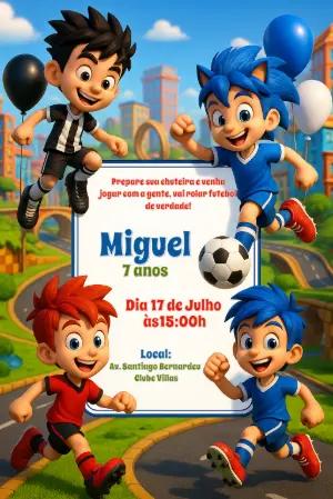 Convite Aniversário Futebol com Meninos Jogadores para Editar