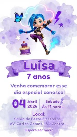 Convite de Aniversário Jinx Arcane Roxo para Editar Online