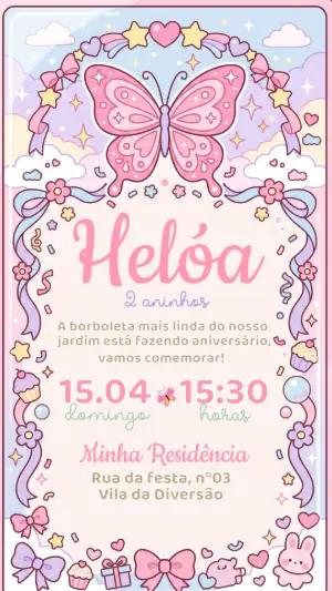 Convite de Aniversário Borboleta Kawaii Editável