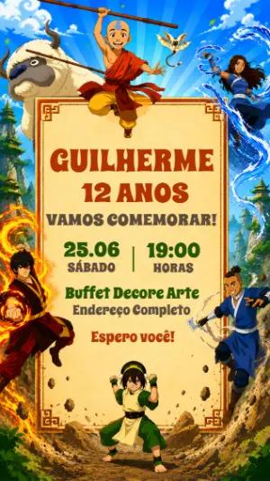 Convite de Aniversário Avatar A Lenda de Aang Editável