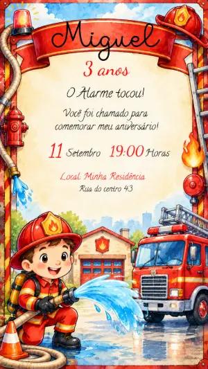 Convite de Aniversário Bombeiro: Modelo Digital Editável