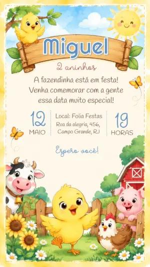 Convite de Aniversário Fazendinha Aquarela Editável
