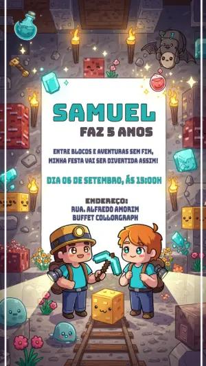 Convite de Aniversário Tema Minecraft para Editar Online