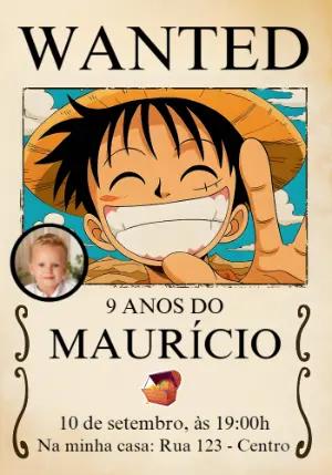 Convite Aniversário One Piece Procurado com Foto para Editar