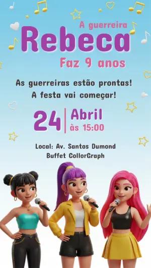 Convite Digital Aniversário Guerreiras do K-pop para Editar