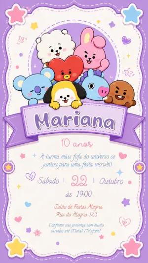 Convite Aniversário BT21 Lilás e Roxo Modelo Editável