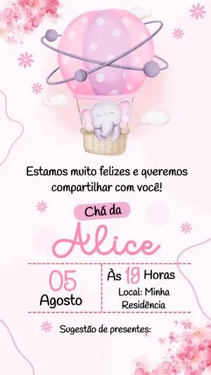 Convite Chá de Bebê Menina Elefantinha no Balão Editável