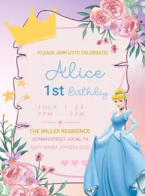 Princess Cinderella Birthday Party Invite Digital Template