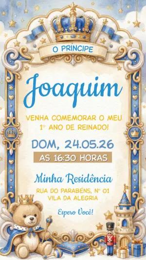 Convite Aniversário Ursinho Príncipe Azul e Dourado Editável