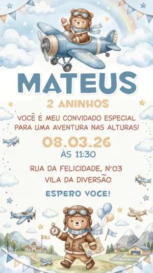 Convite de Aniversário Ursinho Aviador Aquarela Editável