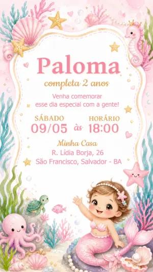 Convite de Aniversário Sereia Aquarela Editável