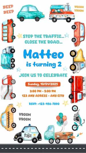 Editable Transportation Birthday Invitation with Watercolor Cars