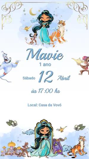Convite de Aniversário Princesa Jasmine Aquarela Editável