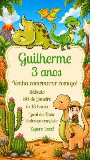 Convite de Aniversário Dinossauros Fofo para Editar