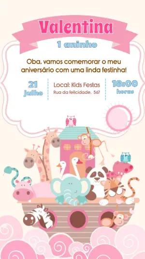 Convite de Aniversário Arca de Noé Rosa Editável para Menina