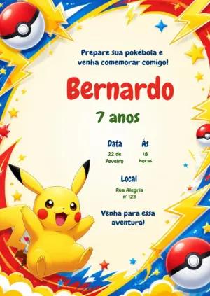 Convite de Aniversário Pokémon com Pikachu para Editar Online