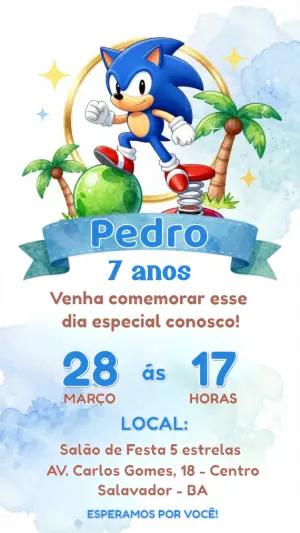 Convite Digital Aniversário Infantil Tema Sonic para Editar