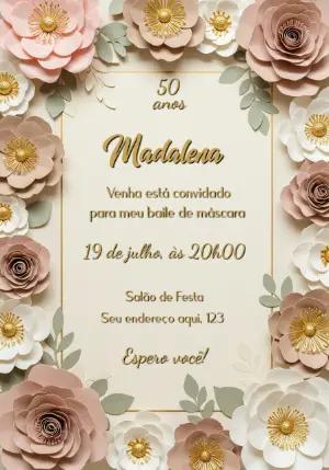 Convite de Aniversário 50 Anos Floral Elegante para Editar