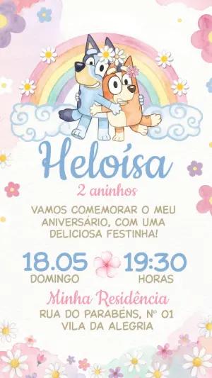 Convite de Aniversário Bluey Menina Aquarela Editável