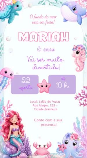 Convite de Aniversário Fundo do Mar Sereia Modelo Editável