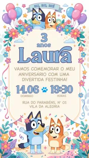Convite de Aniversário Bluey e Bingo Colorido para Editar