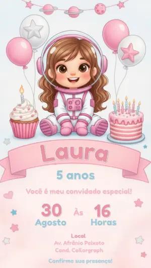 Convite de Aniversário Astronauta Menina Rosa Editável