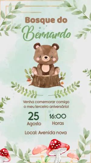 Convite de Aniversário Bosque do Ursinho Aquarela Editável