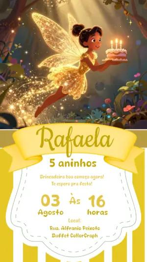 Convite de Aniversário Fada Dourada Editável para Festa Infantil