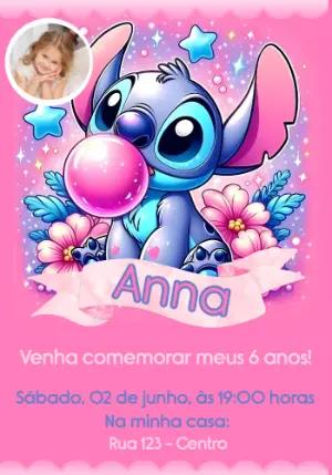Convite Aniversário Stitch Rosa com Foto para Editar Online
