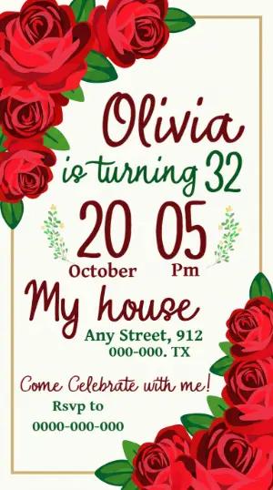 Red Roses Floral Birthday Invitation Editable Template