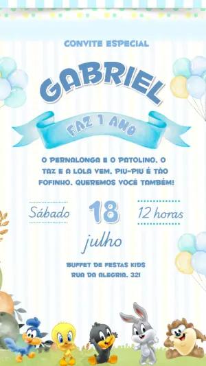 Convite de Aniversário Baby Looney Tunes Azul para Editar
