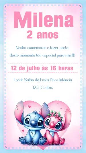 Convite de Aniversário Stitch e Angel Aquarela para Editar